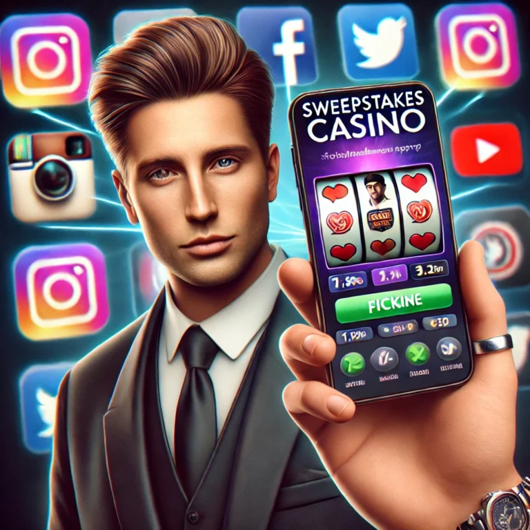 Celebrity holding a smartphone displaying a sweepstakes casino app, with social media icons in the background symbolizing influencer marketing.
