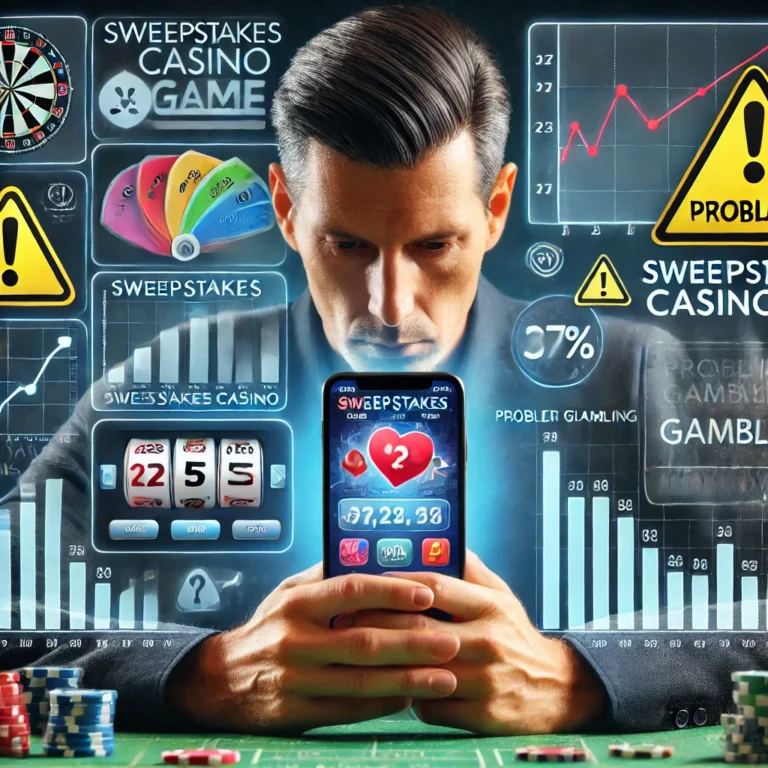 Concerned person looking at a smartphone displaying a sweepstakes casino game, surrounded by warning signs and data charts symbolizing problem gambling.
