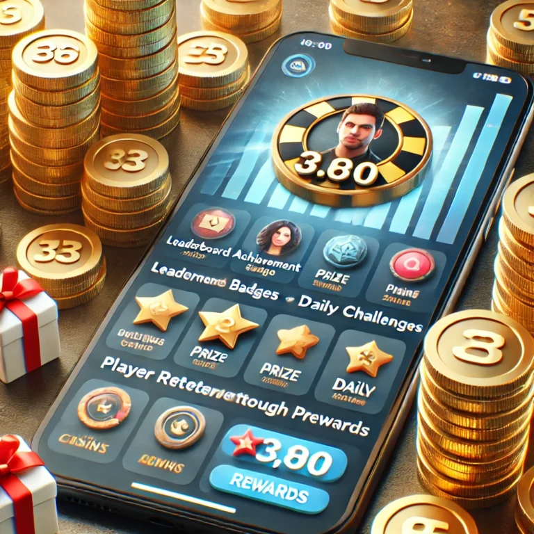 Smartphone with gamified elements like leaderboards, daily challenges, and achievement badges for sweepstakes casino engagement.