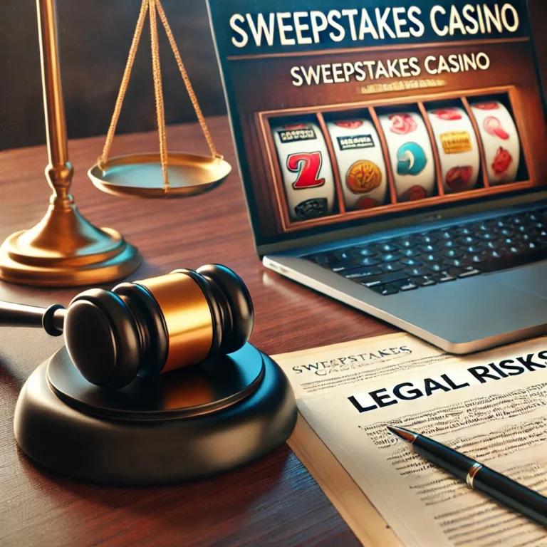Gavel and legal documents on a desk with a laptop displaying sweepstakes casino, symbolizing legal risks and regulation.