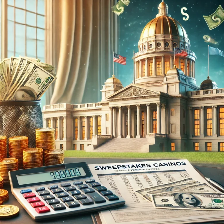 Government building with financial documents, calculator, and money symbolizing the impact of sweepstakes casinos on state revenue and regulation.
