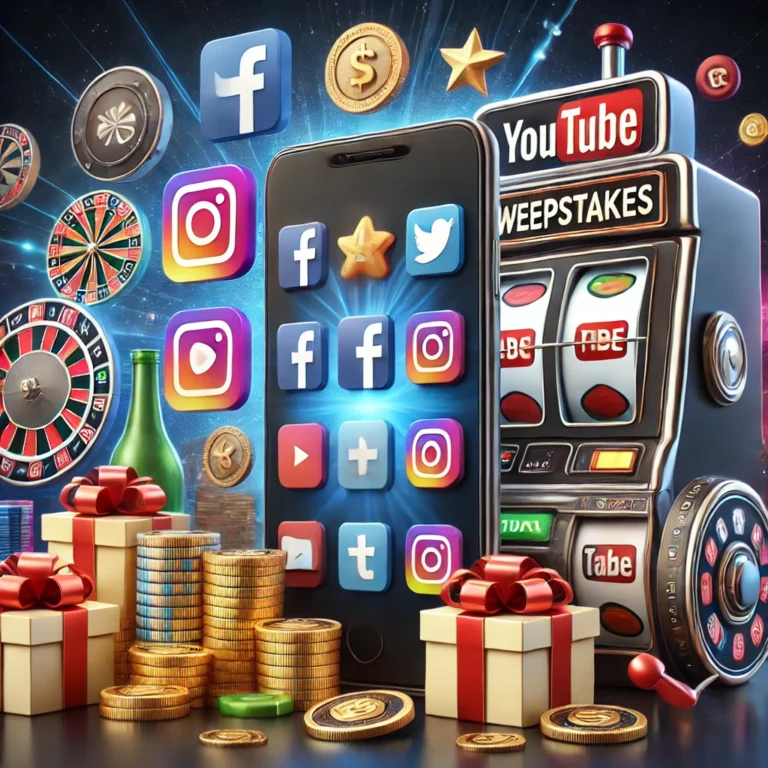 Smartphone with social media icons surrounded by casino elements like coins, slot machine, and gift boxes, symbolizing sweepstakes casino engagement through social media.