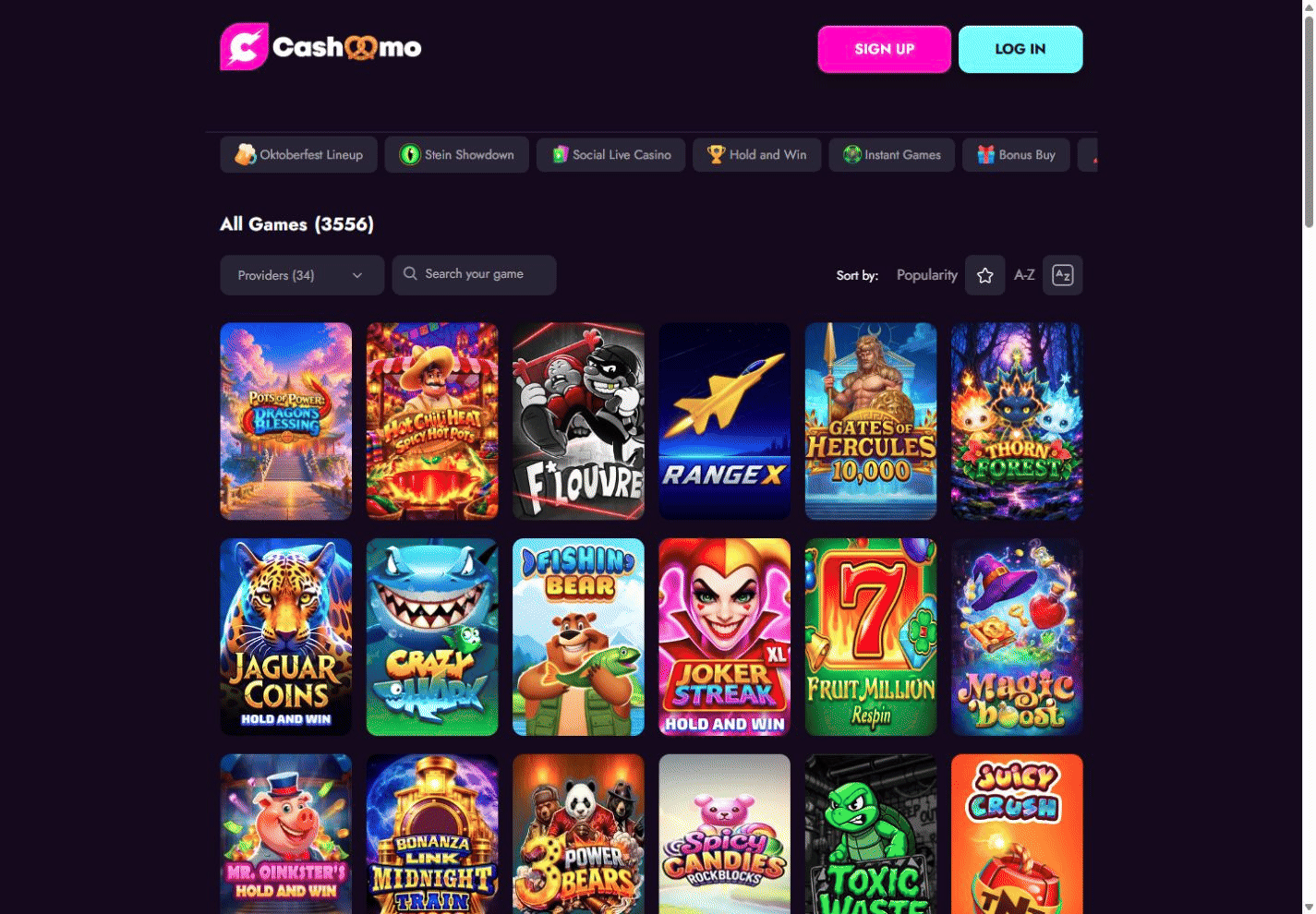 Cashoomo Casino games catalog and provider filters
