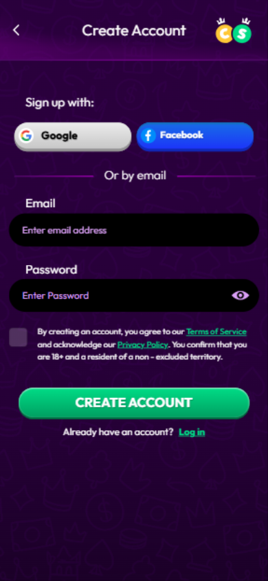 Crown Coins Casino mobile signup interface