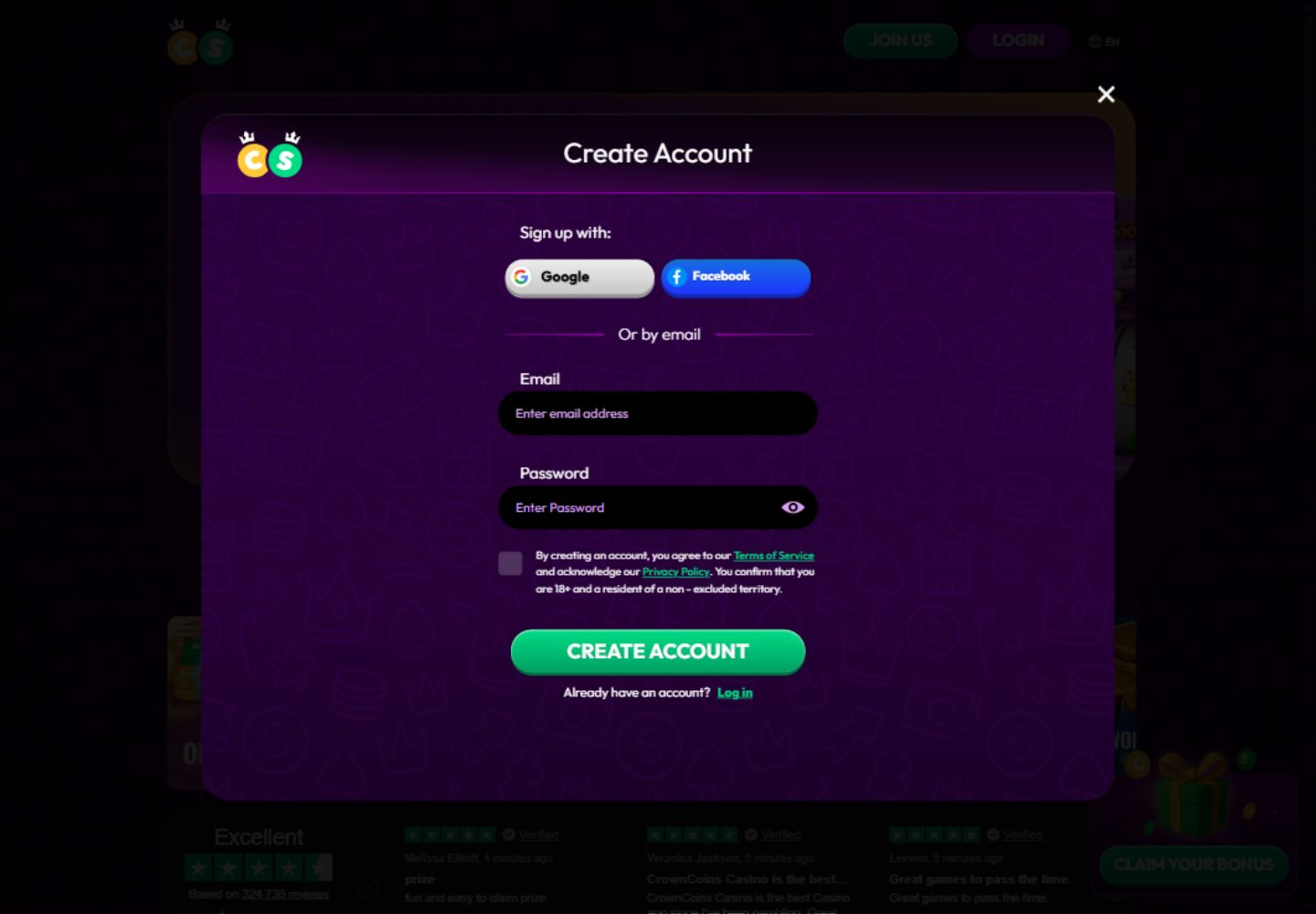 Crown Coins Casino signup interface